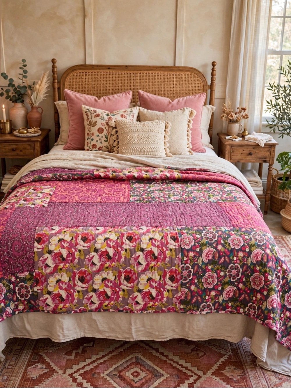 Anthropologie || Patchwork Quilt Floral Boho Pink Queen